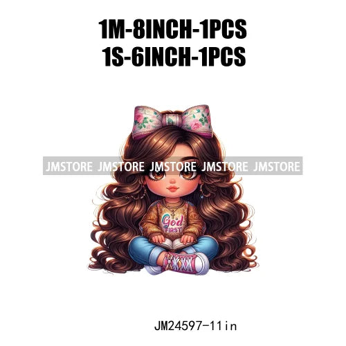 God First Chibi Cute Brown Hair Latina Dolls Baby Girls Coquette Bow Iron On DTF Transfer Stickers Ready To Press For Hoodies