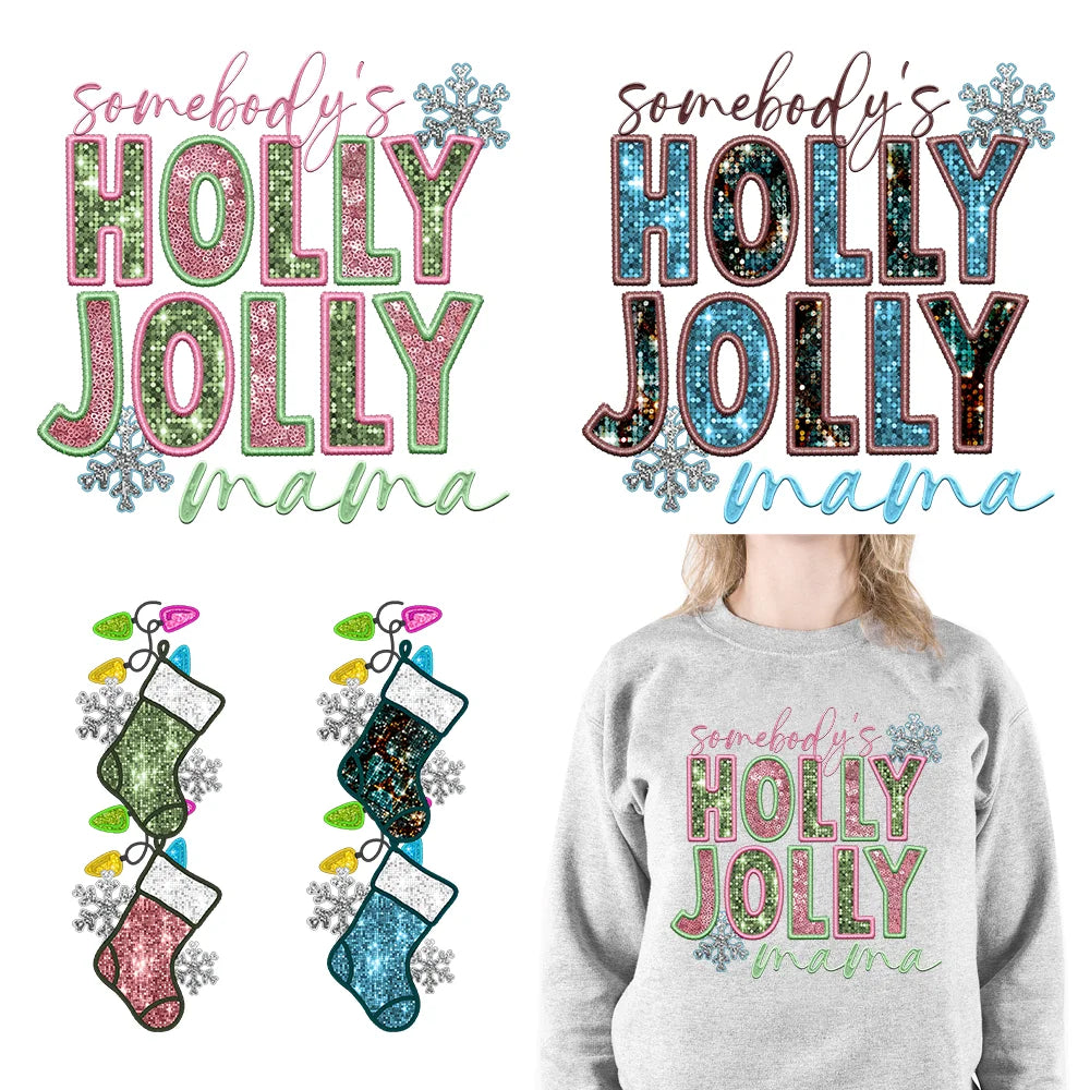 Faux Sparkle Sequin Christmas Holly Jolly Mama Print DTF Iron On Lights Sock Transfer Stickers Ready To Press For Sleeve Clothes