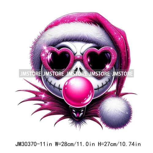 Horror Pink Christmas Bright Light Blowing Bubble Cartoon Character Iron On DTF Transfers Stickers Ready To Press For Hoodies