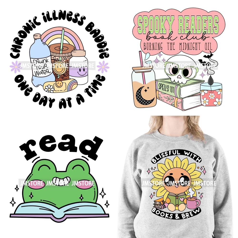 Custom Positive Quotes Spooky Reading Bookish Frog Inspirational Books Coffer Lover DTF Iron On Transfers Stickers For Clothing