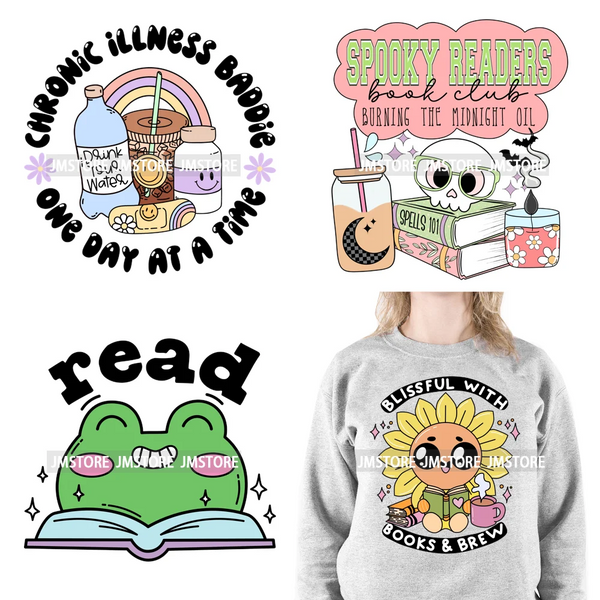 Custom Positive Quotes Spooky Reading Bookish Frog Inspirational Books Coffer Lover DTF Iron On Transfers Stickers For Clothing