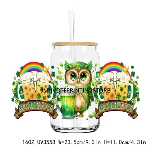 Green St. Patrick's Day UV DTF Sticker For 16OZ Libbey Glass Cup Can Lucky Shamrock Wrap Transfer Sticker Custom Labels DIY Logo