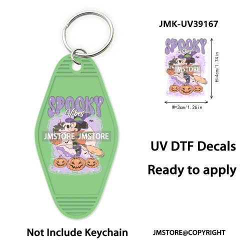 Spooky Halloween Cartoon Character Couple UV DTF Motel Keychain Wrap Ready To Apply Waterproof High Quality Hotel Keychain Decal