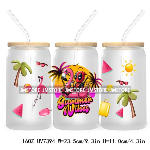 Summer Vibes 16OZ UV DTF Cup Wrap Transfers Stickers For Libbey Glass Can Cups Tumbler Waterproof Labels Cartoon Beach Vacation