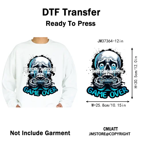 12in Colorful Graffiti Streetwear Skeleton Game Over Iron on DTF Thermal Transfers Stickers Printing Ready to Press for T-shirts