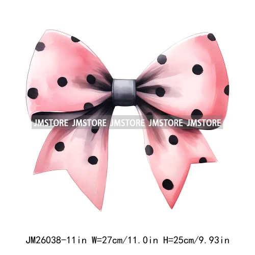 Trendy New Girl Pink Black Polka Dots Ribbons Coquette Bows Washable DTF Iron On Transfer Stickers Ready To Press For Clothing