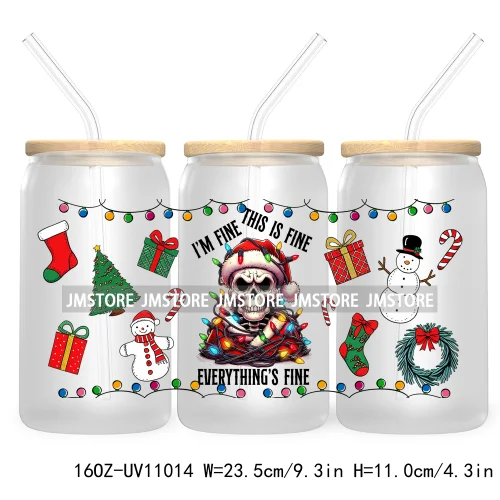 Skeleton Christmas 16OZ UV DTF Cup Wrap Transfer Stickers Durable Waterproof For Libbey Glass Can Coquette Bow Christmas Santa