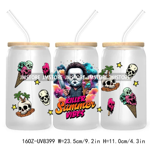 Killer Summer Vibes UV DTF Sticker For 16OZ Libbey Glass Cup Can Wrap Transfer Stickers Custom Labels DIY Logo Horror Halloween