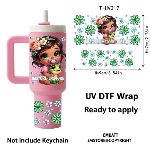 Watercolor Little Girl Cartoon Princess Flowers UV DTF Wraps Ready To Use Transfer Stickers Waterproof For Mini Tumbler Keychain