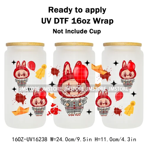 Laboo Horror Movie Characters Halloween 16OZ UV DTF Cup Wraps Ready To Apply Waterproof Transfer Stickers For Libbey Glass Can