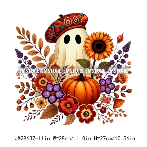 Cute Fall Florals Spooky Ghost Halloween Pumpkins Leaves Autumn  Iron On DTF Transfers Stickers Ready To Press For T-shirts Bags