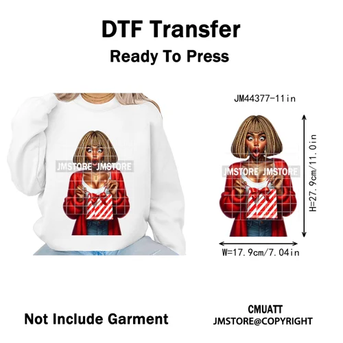 Sassy Afro Women Quirky Girls Santa Christmas Attitude Iron on Washable DTF Heat Transfers Stickers Ready to Press for Textiles