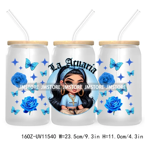 Chicana Chola Zodiac Chibi Latina Girls 16OZ UV DTF Cup Wrap Transfer Stickers Waterproof For Libbey Glass Can Horoscope Signs