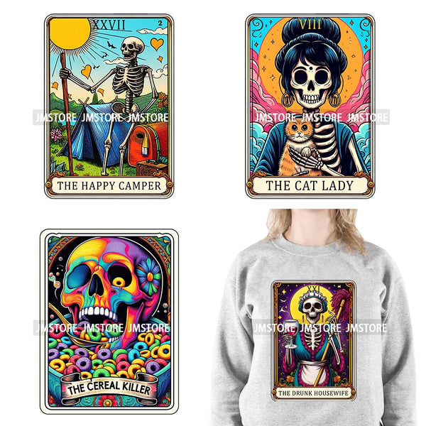 Colorful Tarot Cards Reader Lover Happy Camper Woman Horror Skeleton Mothers Day Iron On DTF Transfer Stickers For Clothes Bags