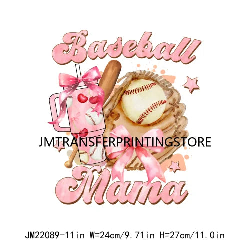 New Baseball Softball Sport Coquettee Mama Decals Pink Ribbon Bow Stanley Tumbler Iron On DTF Transfer Stickers For Sweatshirt