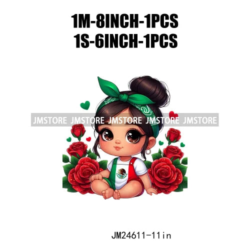 Cute Chibi Mexican Girl Designs Hispanic Red Rose Green Coquette Bow Latina Princess Iron On DTF Transfers Stickers For T-shirts