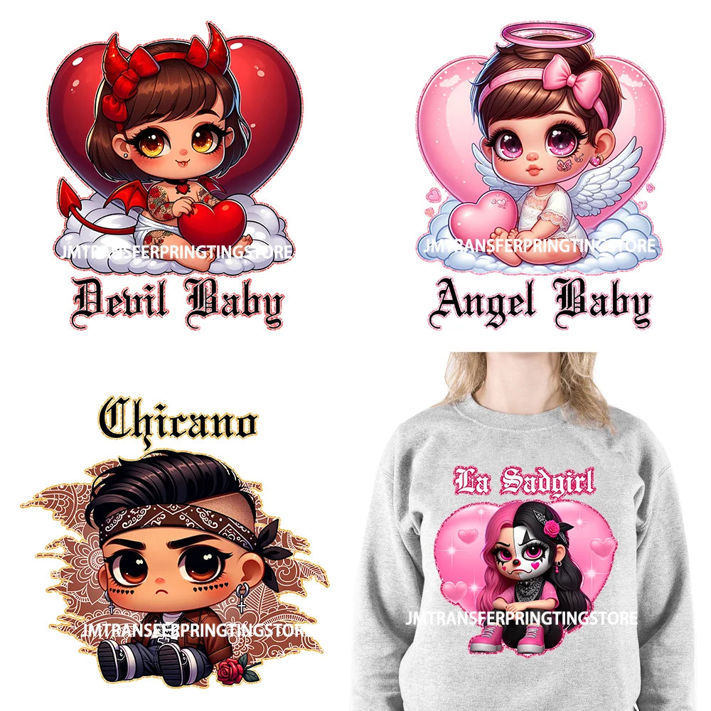 Cute Chicano Cartoon Baby Sad Girl Iron On Logos Pink Chicana Spanish Valentine DTF Tranfers Stickers Design For T-shirts Bags