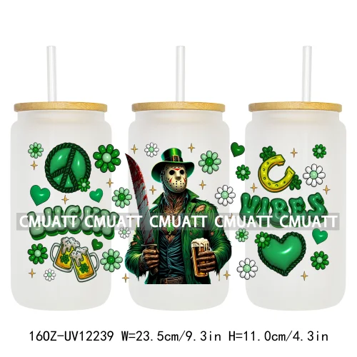 Cartoon Princess Girls St Patricks' Day Lucky Vibes 16OZ UV DTF Cup Transfer Wrap Sticker Waterproof Logos For Libbey Glass Can