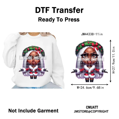 Cool African Melanin Girls Christmas Season Holiday Moody Iron on Washable DTF Heat Transfer Stickers Ready to Press for Hoodies