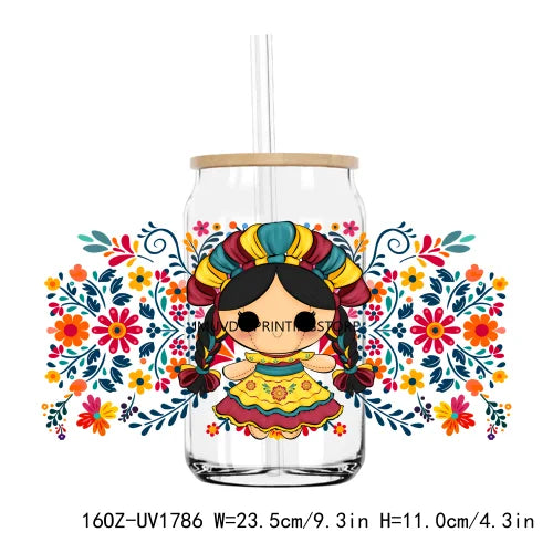 Cute Latina Cafecito Girl 16OZ UV DTF Cup Wrap Transfers Stickers Custom Labels DIY Durable Waterproof Logo For Libbey Glass Can