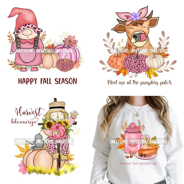 Pink Happy Fall Season Harvest Blessings Pumpkin Autumn Vibes Iron on DTF Washable Transfers Stickers Ready to Press for Hoodies