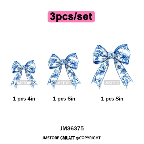 Blue And White Toile Chinoiserie Floral Coquette Bow Thermal Decals Iron on DTF Transfers Stickers Ready to Press for Clothing