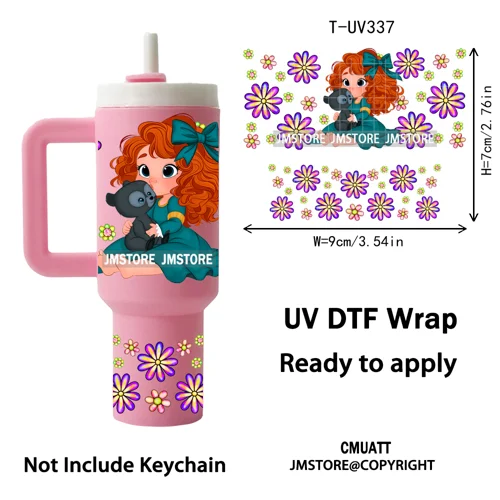 Watercolor Little Girl Cartoon Princess Flowers UV DTF Wraps Ready To Use Transfer Stickers Waterproof For Mini Tumbler Keychain