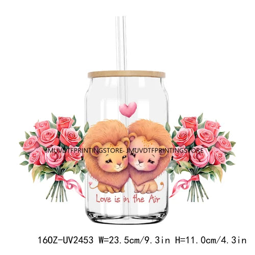 Valentine's Day Animals With Rose 16OZ UV DTF Cup Wrap Transfers Stickers Custom Labels DIY Waterproof Logo For Libbey Glass Can