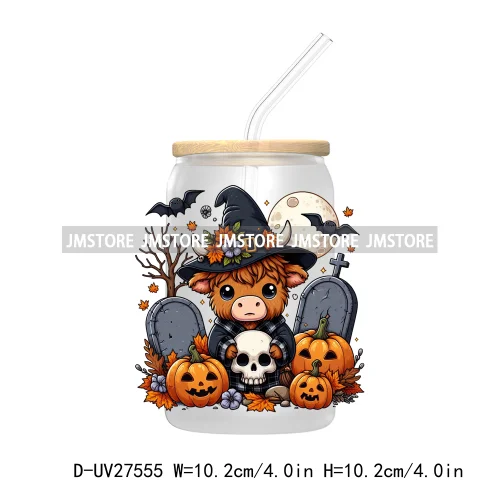 Cartoon Halloween Highland Cow UV DTF Transfer Stickers Decals For Libbey Cold Cups Mug Tumbler High Quality Labels Spooky Skull