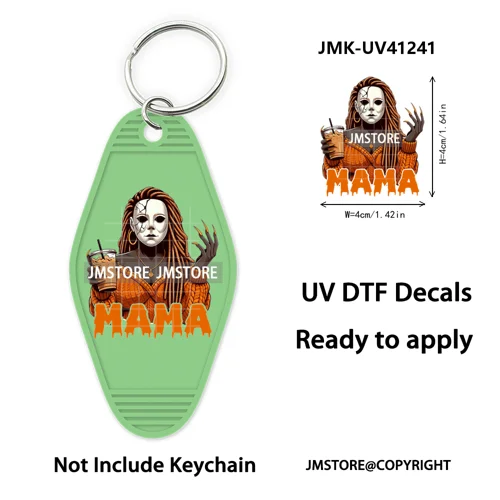 Horror Character Mama Coffee Lover UV DTF Motel Keychain Decal Ready To Ship Durable Transfer Stickers Prints For Hotel Keychain