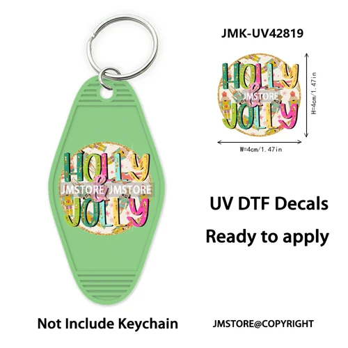 Holly Jolly Christmas Patchwork Santa UV DTF Motel Keychain Decal Ready To Ship Durable Transfer Stickers For Hotel Keychain