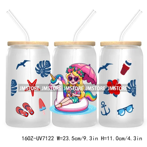 Cartoon Princess's Summer Vacation 16OZ UV DTF Cup Wrap Transfers Stickers For Libbey Glass Can Cups Tumbler Waterproof Craft