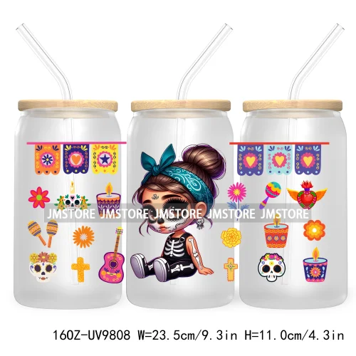 Day Of The Dead 16OZ UV DTF Cup Wrap Transfer Stickers Hispanic Chibi Baby Girl Custom Labels Waterproof For Libbey Glass Can