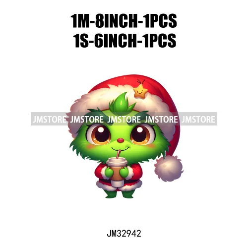 Cute Green Baby Cartoon Santa Claus Christmas Vibes Xmas Holiday Iron On DTF Transfers Stickers Ready To Press For Sweatshirts