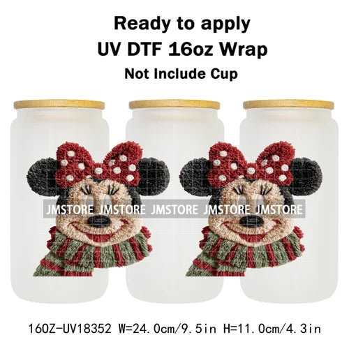 Faux Yarn Christmas Characters UV DTF Cup Wrap Ready To Apply Transfer Stickers Durable 16OZ Tumbler Wraps For Libbey Glass Can