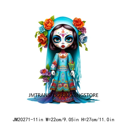 Cute Doll La Catrina Day Of The Dead Sugar Skull Mexican Halloween Iron On DTF Transfer Stickers Ready To Press For Hoodies Bags