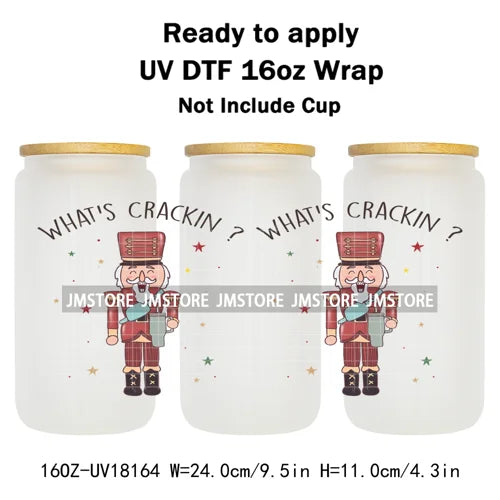 Faux Glitter Preppy Nutcracker Christmas UV DTF Cup Wrap Ready To Apply Transfer Sticker 16OZ Tumbler Wraps For Libbey Glass Can