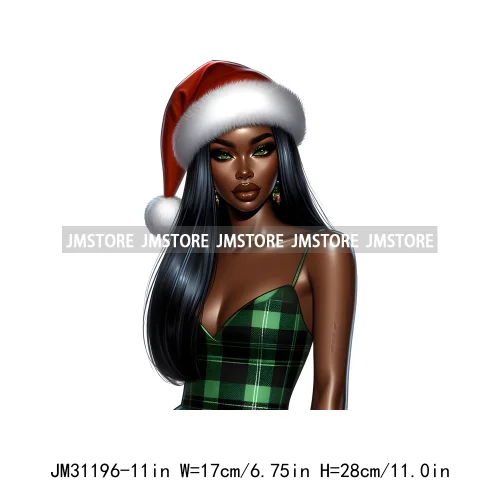 Fashion Santa Afro Black Woman Merry Christmas Girly Winter Iron On DTF Transfers Stickers Printing Ready To Press For Clothing