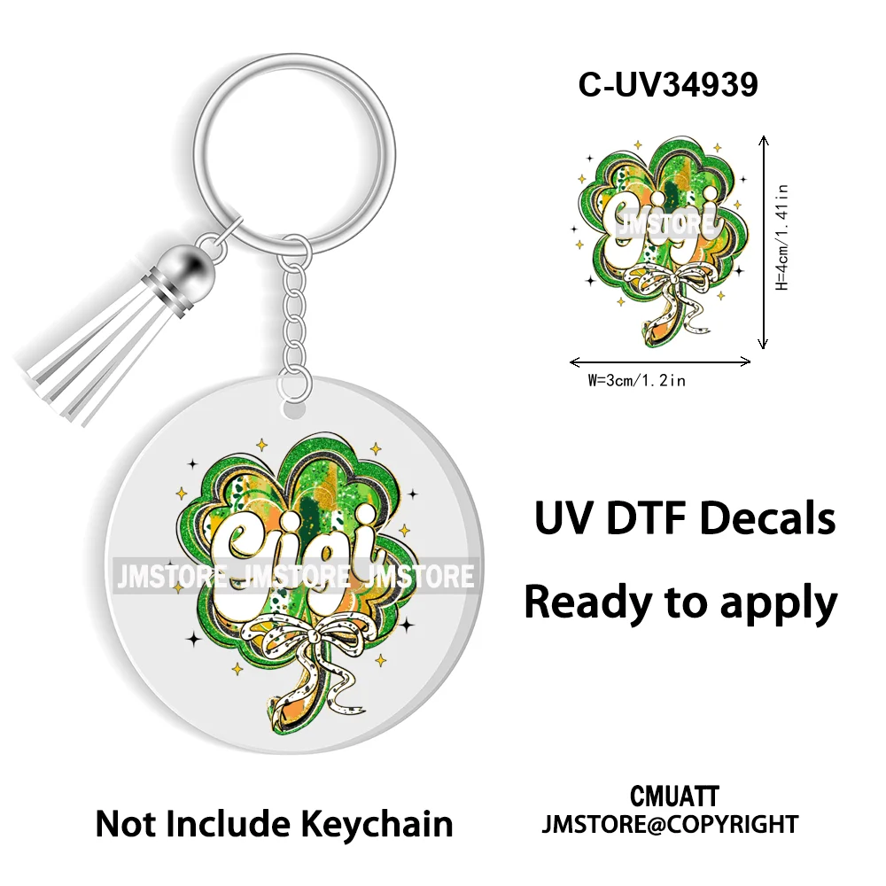 Faux Glitter Lucky Shamrock Coquette St. Patrick's Day WaterProof UV DTF Stickers For Round Circle Acrylic Keychain Key Ring