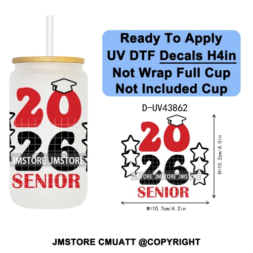 College Grad Class Of 2026 UV DTF Cup Decals Ready To Apply Transfer Stickers Durable Custom Labels For Libbey Glass Can Mugs