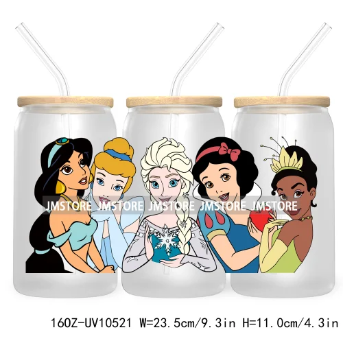 Cartoon Princess Floral Flowers 16OZ UV DTF Cup Wrap Transfer Stickers Custom Labels Waterproof For Libbey Glass Can Best Friend