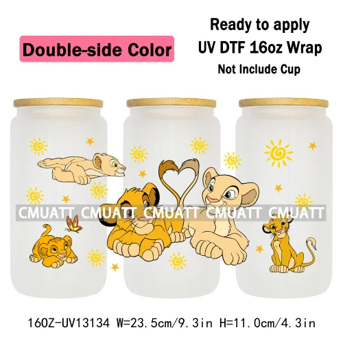 Double Side Color Cartoon Lion UV DTF Cup Wrap Transfer Stickers For 16oz Libbey Glass Beer Selfadhesive Waterproof Adhesive