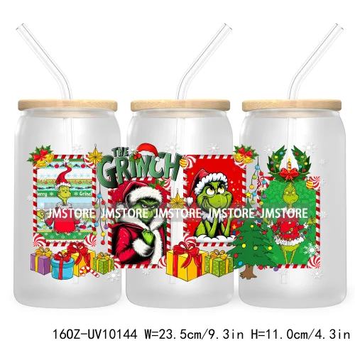 Christmas Coffee Cups Green Guy 16OZ UV Cup Wrap DTF Transfer Stickers For Libbey Glass Can Cup Tumbler Waterproof Label Cartoon