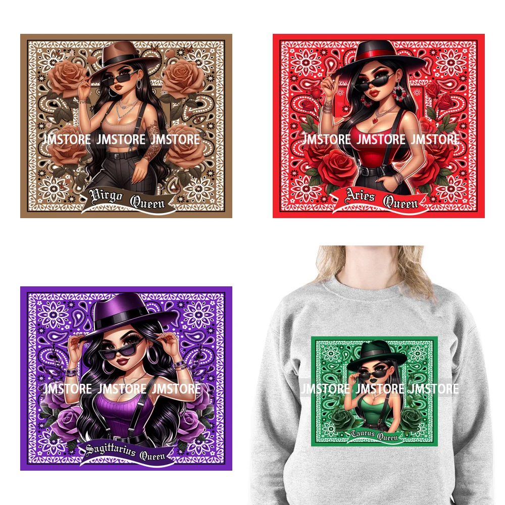 Colorful Zodiac Chicana Queen Flower Mexican Latina Birthday Girls Iron On DTF Transfer Stickers Ready To Press For Hoodies Bags