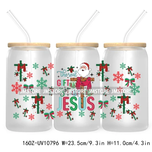 Religious Jesus Christmas UV DTF Cup Wrap For Libbey Glass Can Transfer Stickers Waterproof Custom Labels Christian Cross Bow