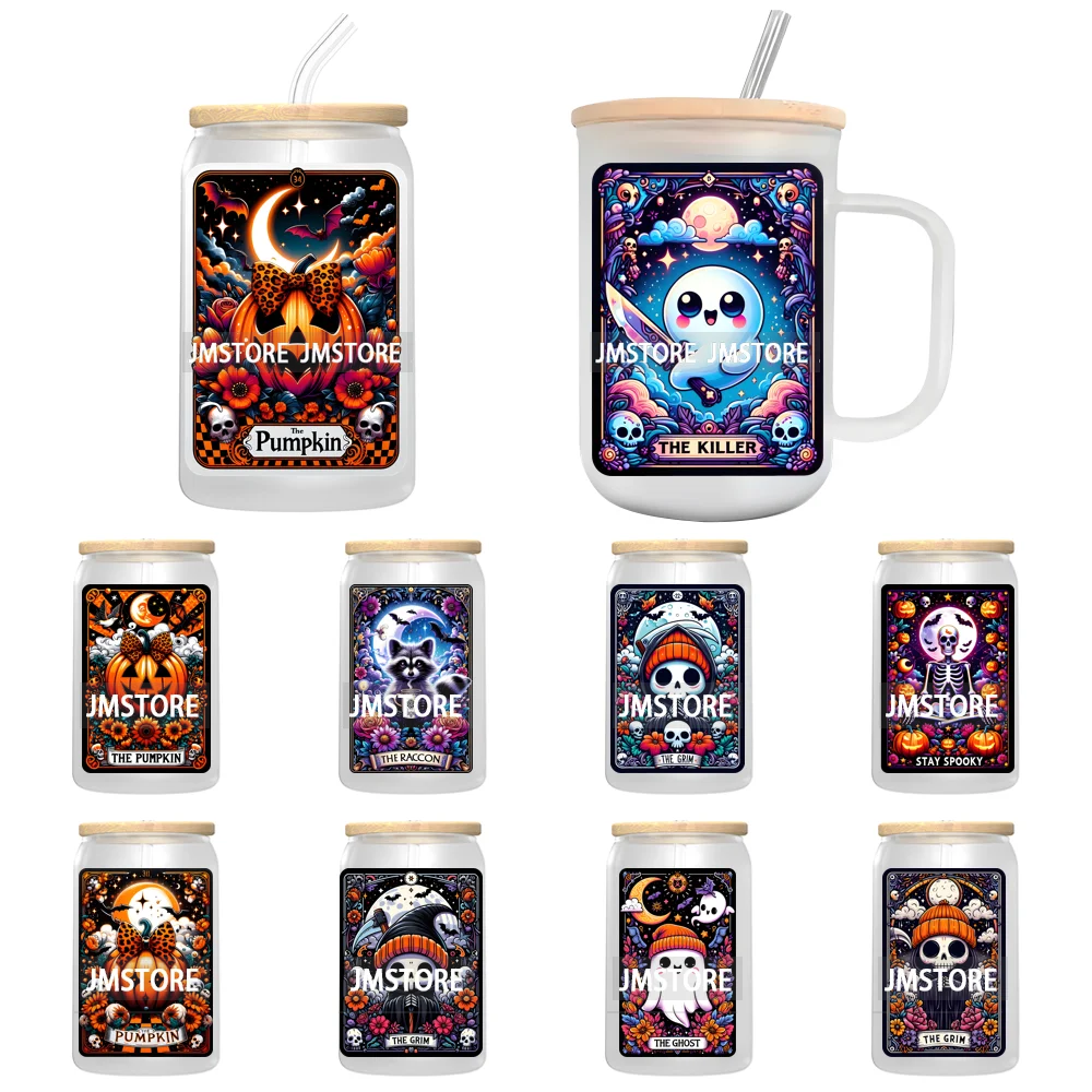 Cute Ghost Tarot Card Halloween UV DTF Transfer Stickers Decals For Libbey Cold Cups Mugs Tumbler Waterproof Craft Spooky Vibes