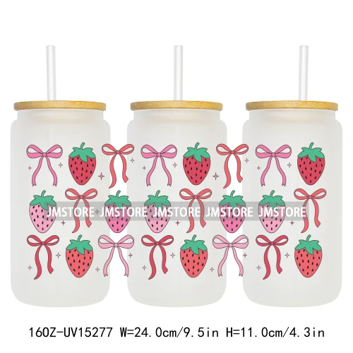 Floral Strawberry Coquette Bow 16OZ UV DTF Cup Wraps Ready To Apply Waterproof Transfer Stickers For Libbey Glass Can Tumbler
