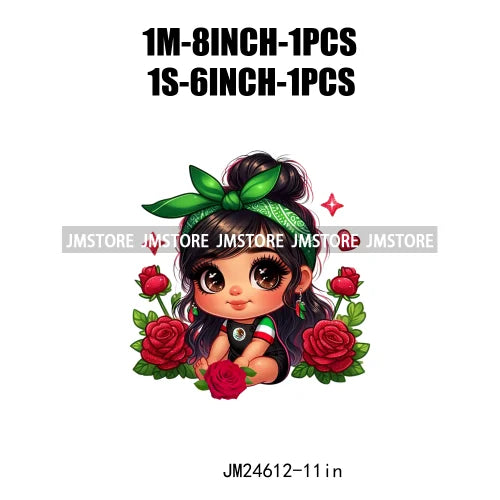 Cute Chibi Mexican Girl Designs Hispanic Red Rose Green Coquette Bow Latina Princess Iron On DTF Transfers Stickers For T-shirts