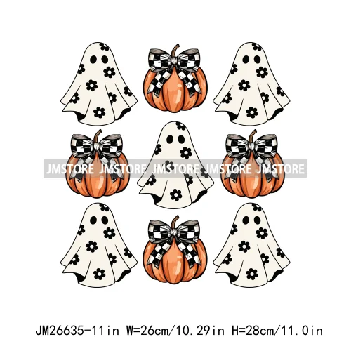 Colorful Halloween Spooky Season Cute Ghost Pumpkin Girly Coquette Bow DTF Iron On Transfers Stickers Ready To Press For T-shirt