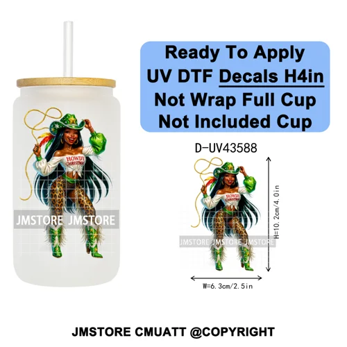 Howdy Afro Black Cowgirl Christmas UV DTF Decals Ready To Apply Waterproof Transfer Stickers For 16OZ Libbey Glass Can Bottle